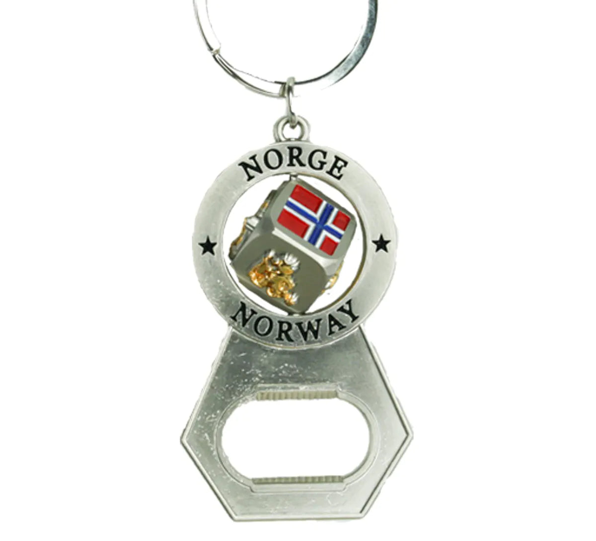 Nøkkelring, flaskeåpner, terning m.flagg, troll, elg, vikingskip