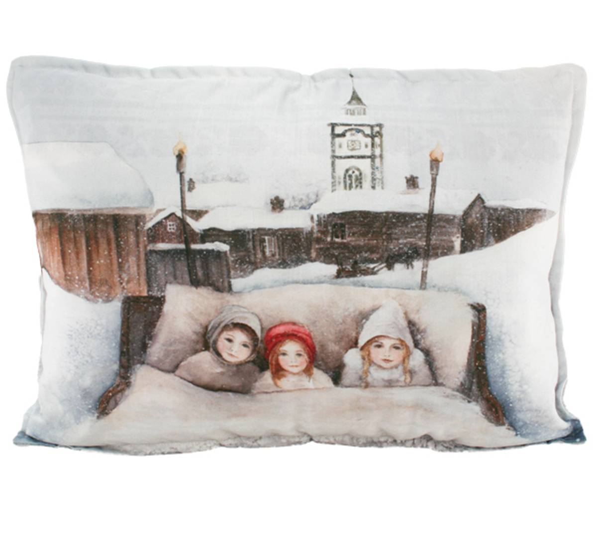 Decorative pillow, Children in sleigh ride, Winter children