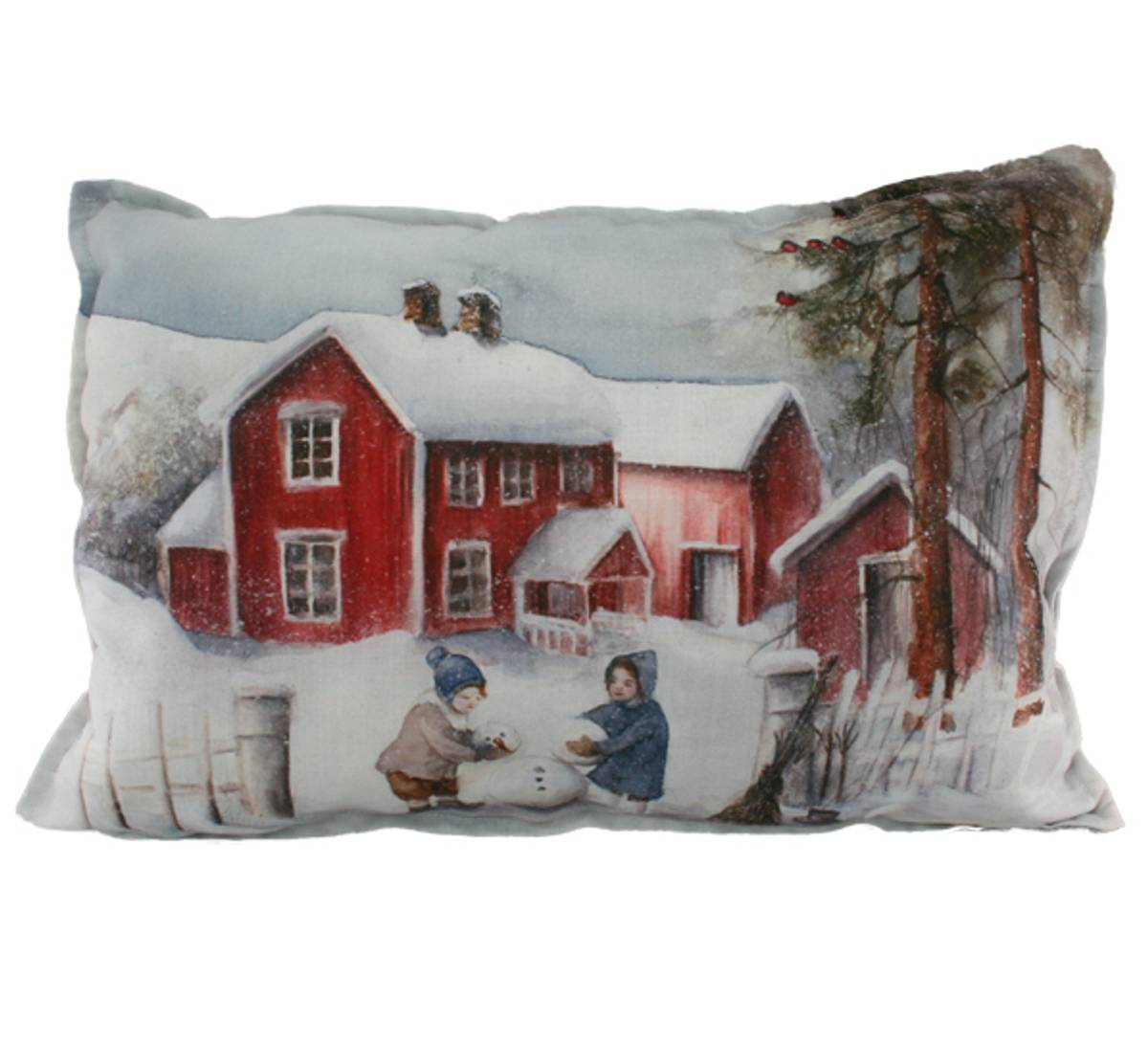 Decorative pillow, Children making snowman, Winter children