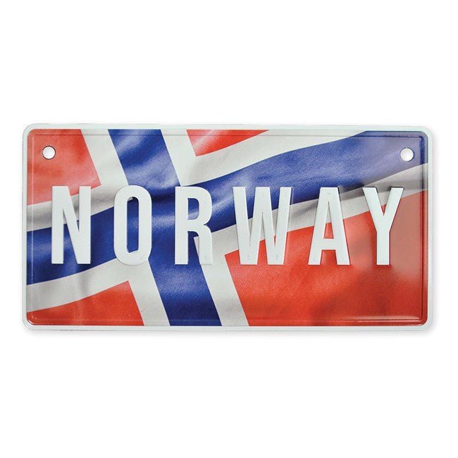 Bilskilt, Norway m/flaggfoto, 15x7, preget - NorwegianShop24