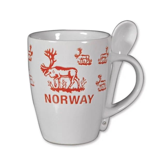 Keramikk krus m/skje, Reinsdyr, Hvit - NorwegianShop24