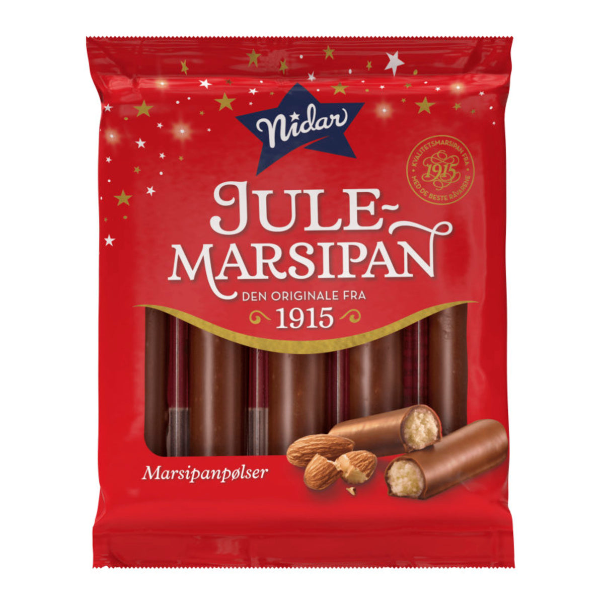 Nidar Marsipanpølser 5 stk. 110 g – norsk julemarsipan med melkesjokolade