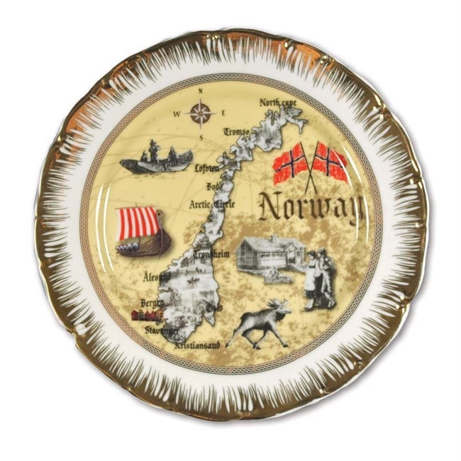 Porselens tallerken, Norgeskart, Antikk - NorwegianShop24