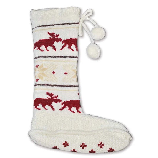 Knitted high slipper sock, white with moose