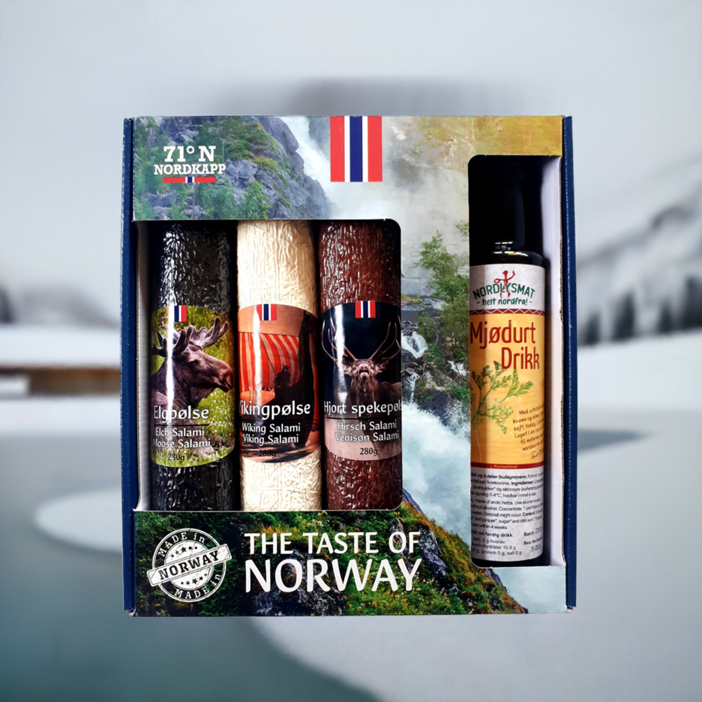 Geschenkset mit norwegischen Spezialitäten/Mjødurt-Getränk