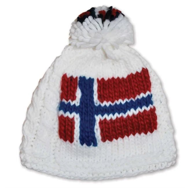 Grovstrikket lue, hvit, Norsk flagg - NorwegianShop24