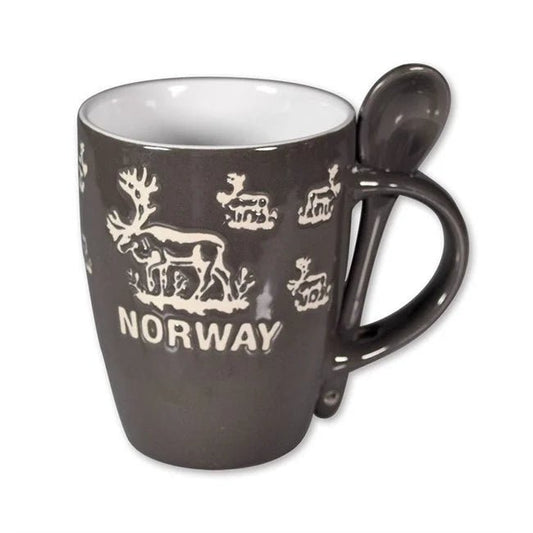 Keramikk krus m/skje, Reinsdyr, Grå - NorwegianShop24