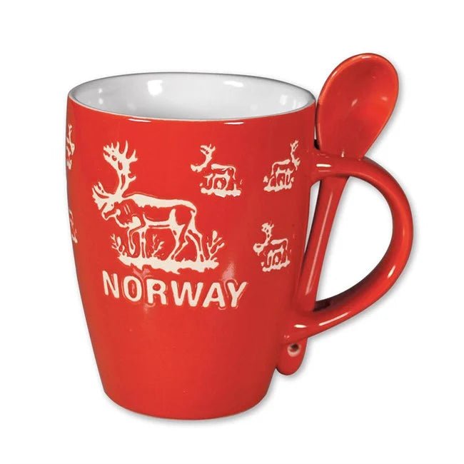 Keramikk krus m/skje, Reinsdyr, Rød - NorwegianShop24
