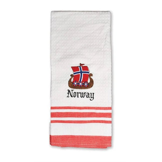 Kjøkkenhåndkle, hvitt, brodert Vikingskip - NorwegianShop24