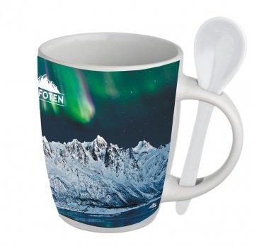 Kopp m/ skje, nordlys Lofoten - NorwegianShop24