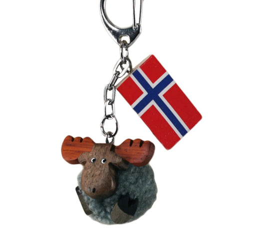 Nøkkelring med grå pompom elg, liten - NorwegianShop24