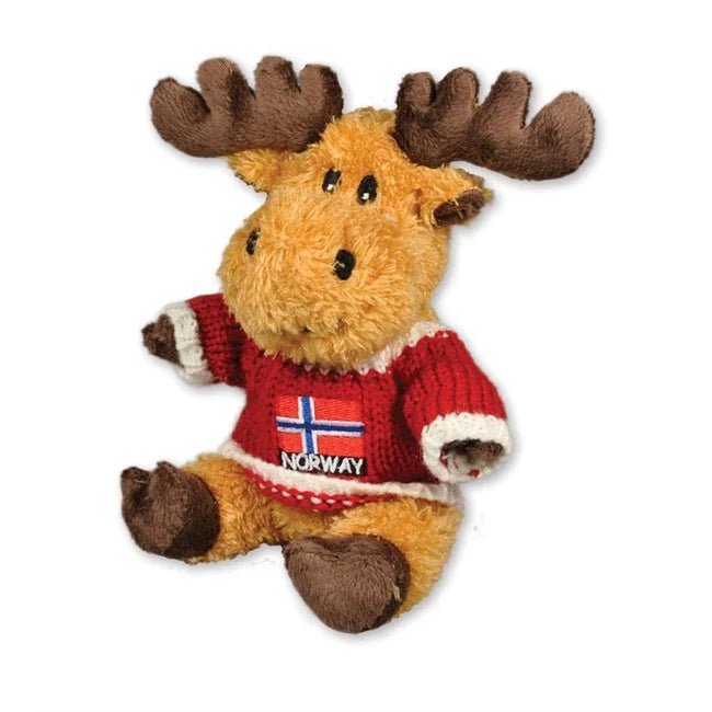 Plysh elg m/rød strikkegenser, Liten - NorwegianShop24